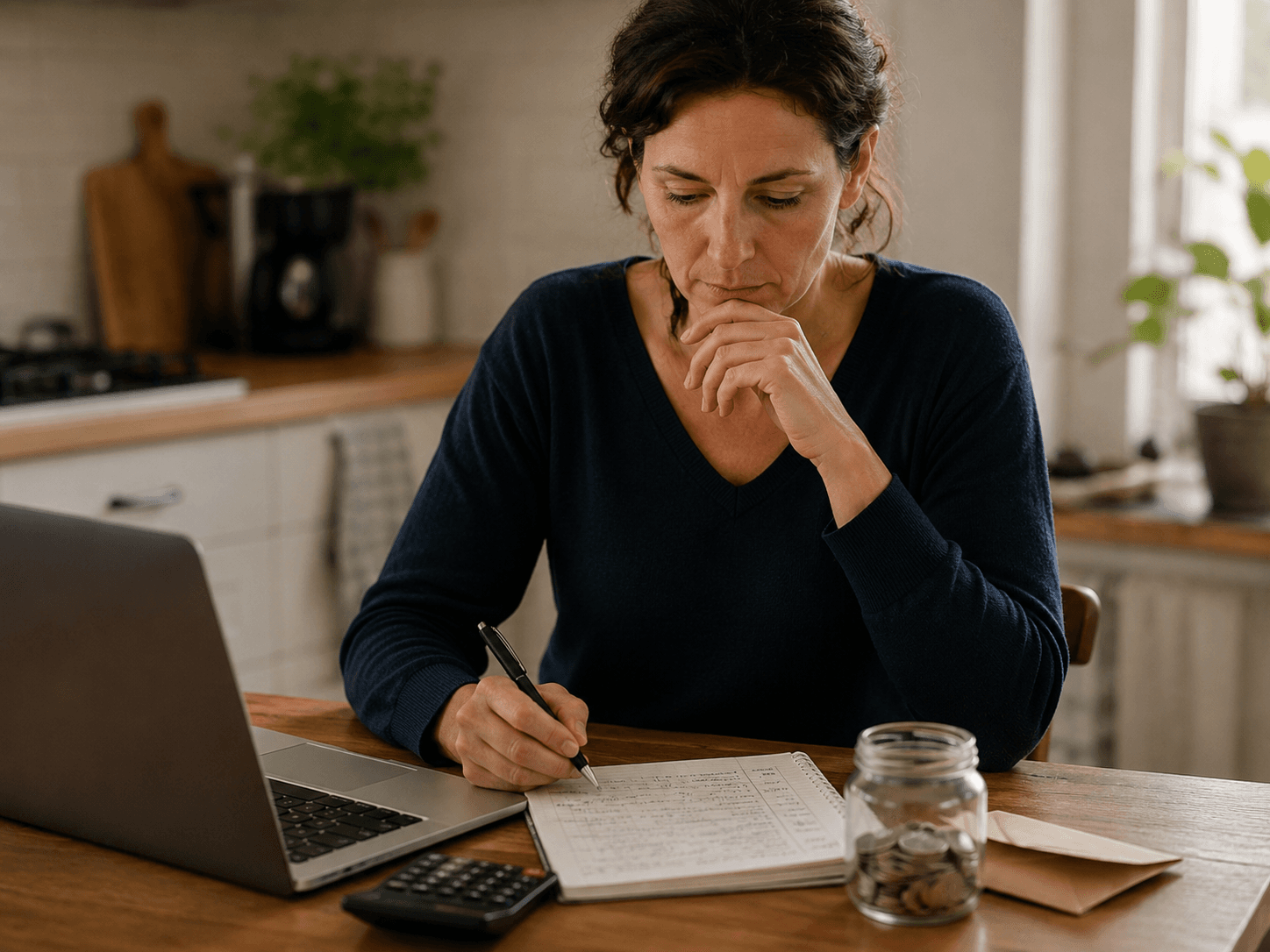 Editoriale foto van een rustige financiele basischeck met laptop, notitieboek, rekenmachine en documenten op een bureau