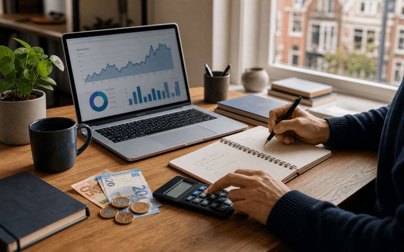 Editorial image of a starting budget with euro notes, a calculator, notebook, and laptop showing abstract market information