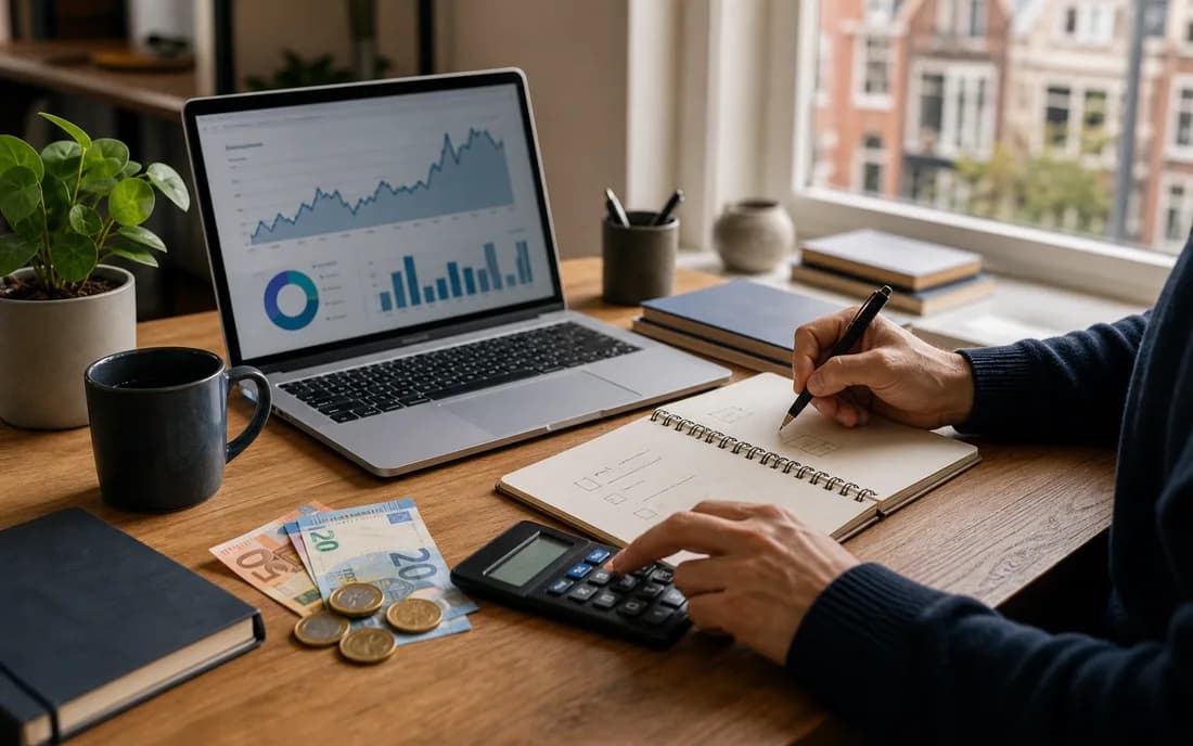 Editoriale foto van een startbudget met eurobiljetten, calculator, notitieboek en laptop met abstracte marktinformatie