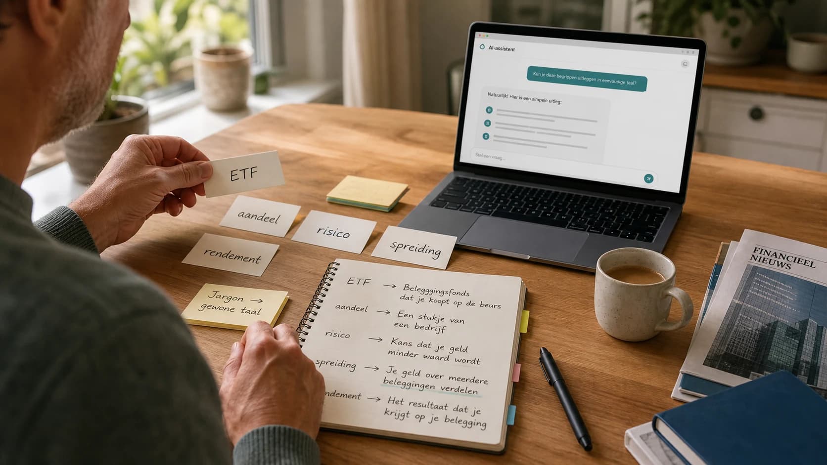 A man sorts cards with investing terms at home while an AI assistant on his laptop helps explain jargon in plain language
