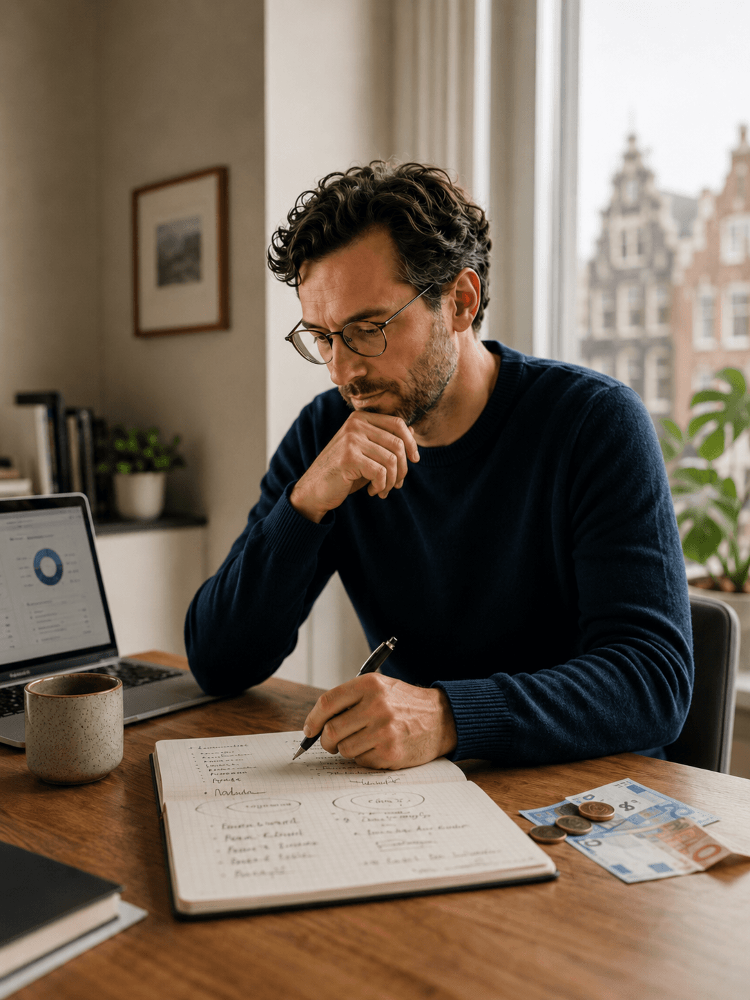 Editoriale illustratie van een realistisch startbudget met calculator, notitieboek en laptop met eenvoudige marktinformatie