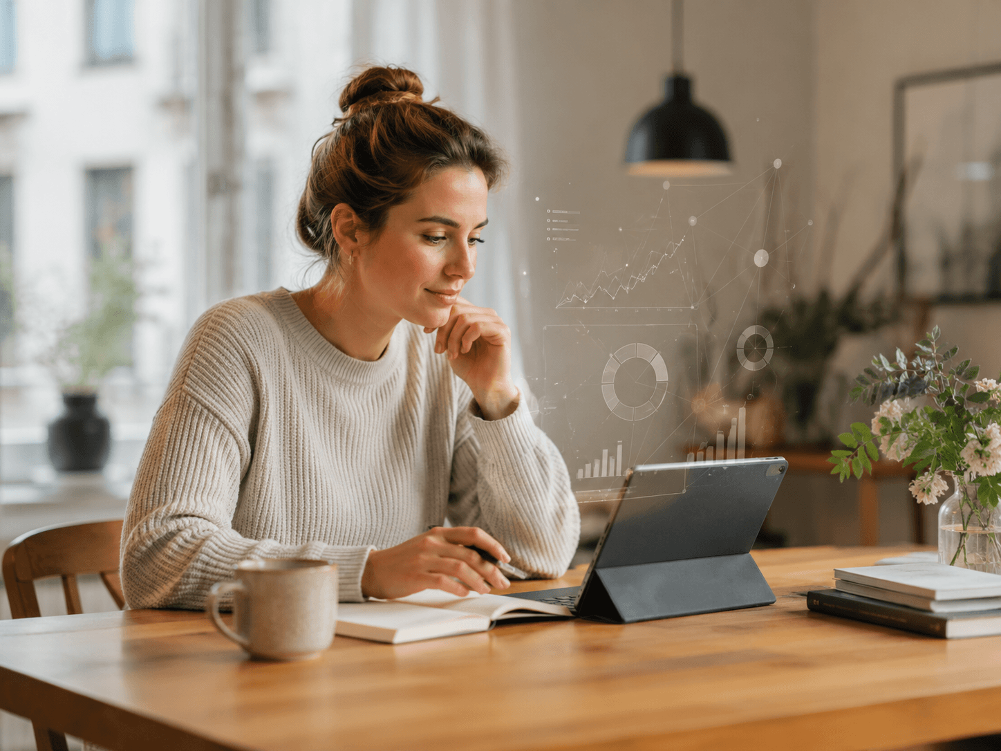 Man leert thuis aan de keukentafel over beleggen met een AI-assistent op zijn laptop en notities in een schrift