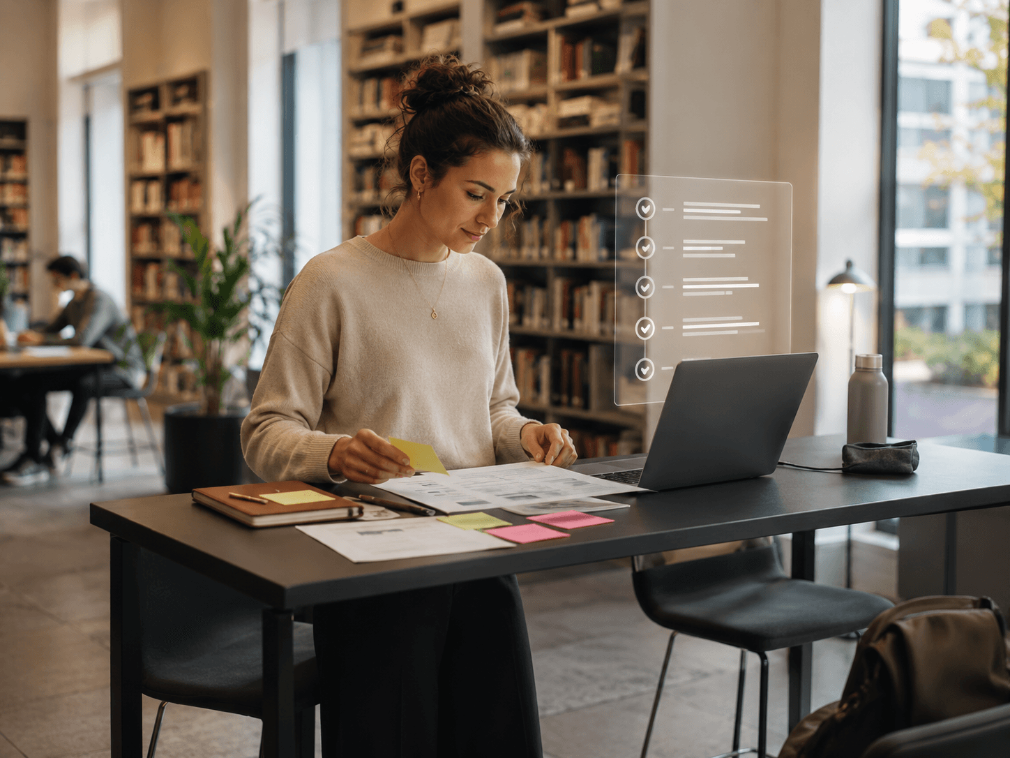 Editoriale illustratie van een weekplan, leerblokken en een laptop met AI-vragen voor een eerste beleggingsleerplan