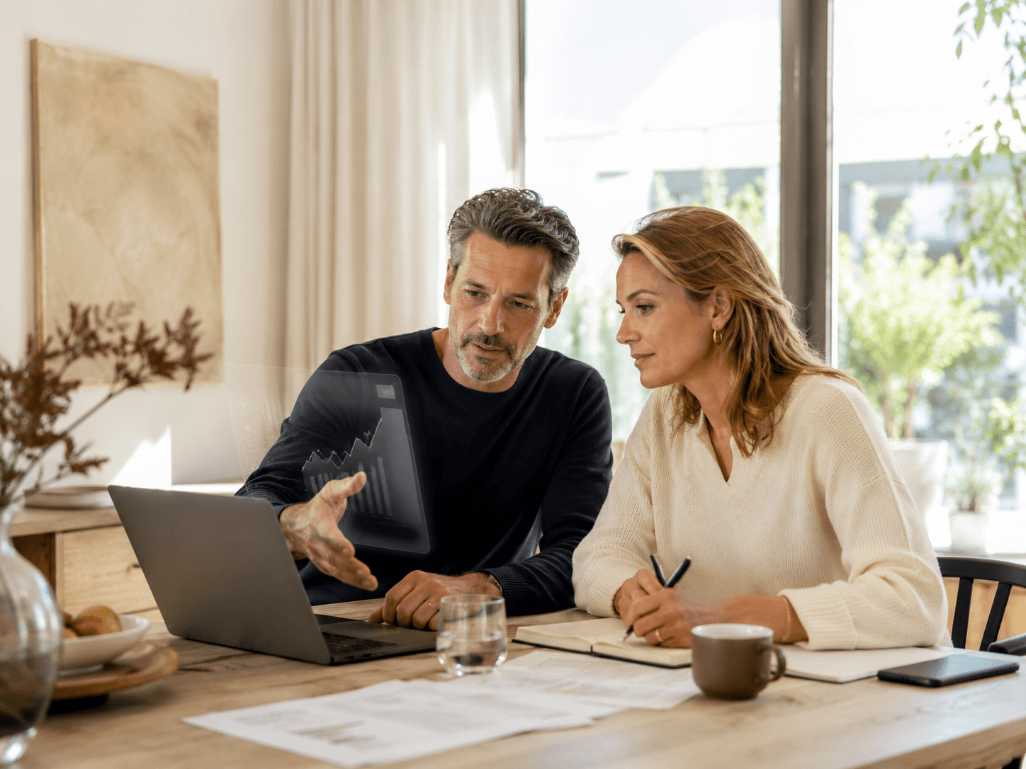 Man bekijkt thuis financieel nieuws op een tablet terwijl een AI-assistent op zijn laptop helpt om de kop rustig te duiden